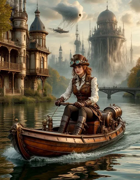Mô Hình Quý Cô Lái Thuyền Steampunk Du Ngoạn Thành Phố Hơi Nước - Image 2