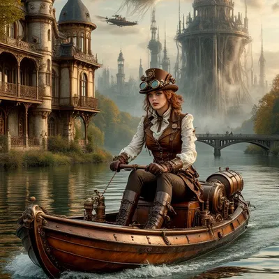 Mô Hình Quý Cô Lái Thuyền Steampunk Du Ngoạn Thành Phố Hơi Nước
