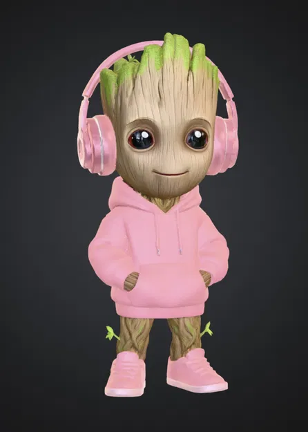 Baby Groot – Tượng trang trí chibi streetwear (tai nghe & hoodie) - Image 1
