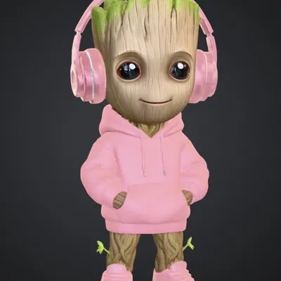 Baby Groot – Tượng trang trí chibi streetwear (tai nghe & hoodie)