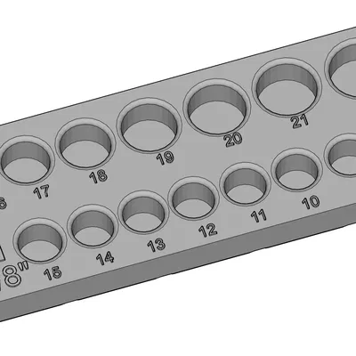 Khay giữ socket metric 8–22 cho ratchet 3/8" (Gridfinity)