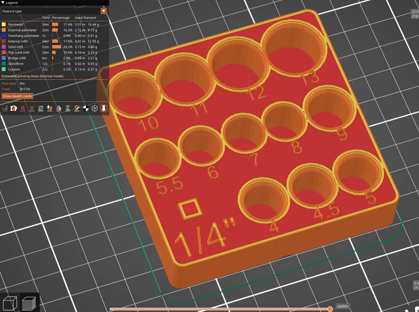 Khay giữ socket metric 4–13 cho 1/4" drive ratchet, Gridfinity 2x2 - Image 2