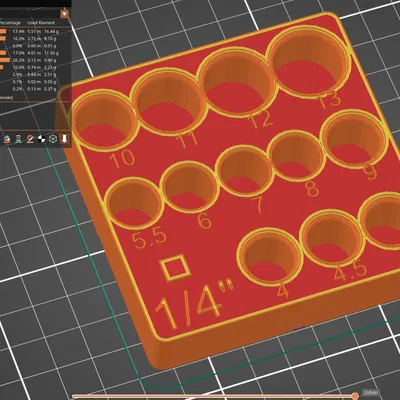 Khay giữ socket metric 4–13 cho 1/4" drive ratchet, Gridfinity 2x2