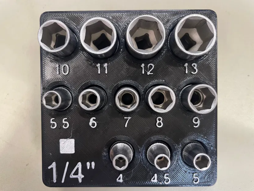 Khay giữ socket metric 4–13 cho 1/4" drive ratchet, Gridfinity 2x2 - Image 4