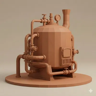 Mô hình 3D Nồi Hơi Hơi Nước Low Poly Phong Cách Cổ Điển