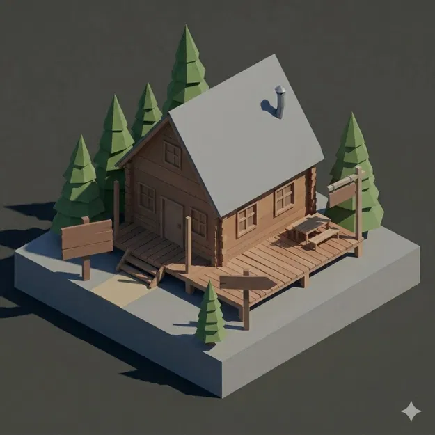 Ngôi Nhà Gỗ Low Poly Phong Cách Mountain Cabin Ấm Cúng - Image 1