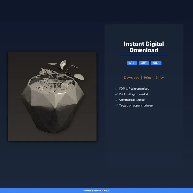 Chậu cây Low Poly hình kim cương đa diện có lỗ thoát nước – file STL in 3D - Image 2