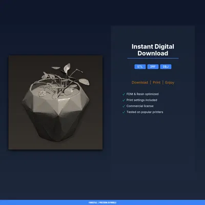 Chậu cây Low Poly hình kim cương đa diện có lỗ thoát nước – file STL in 3D