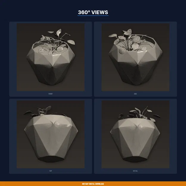 Chậu cây Low Poly hình kim cương đa diện có lỗ thoát nước – file STL in 3D - Image 3