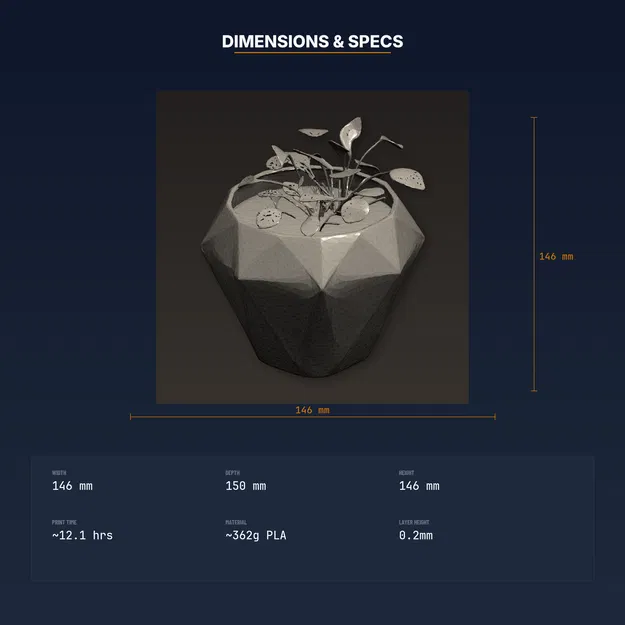 Chậu cây Low Poly hình kim cương đa diện có lỗ thoát nước – file STL in 3D - Image 4