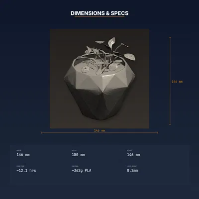 Chậu cây Low Poly hình kim cương đa diện có lỗ thoát nước – file STL in 3D