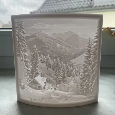 Đèn Lithophane Ngôi Nhà Mùa Đông Giữa Núi Tuyết
