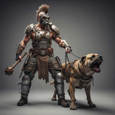 Mô hình 3D chiến binh hậu tận thế và chó chiến phong cách Mad Max