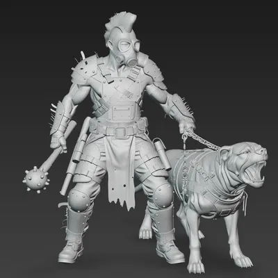 Mô hình 3D chiến binh hậu tận thế và chó chiến phong cách Mad Max