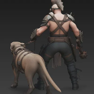 Mô hình 3D chiến binh hậu tận thế và chó chiến phong cách Mad Max