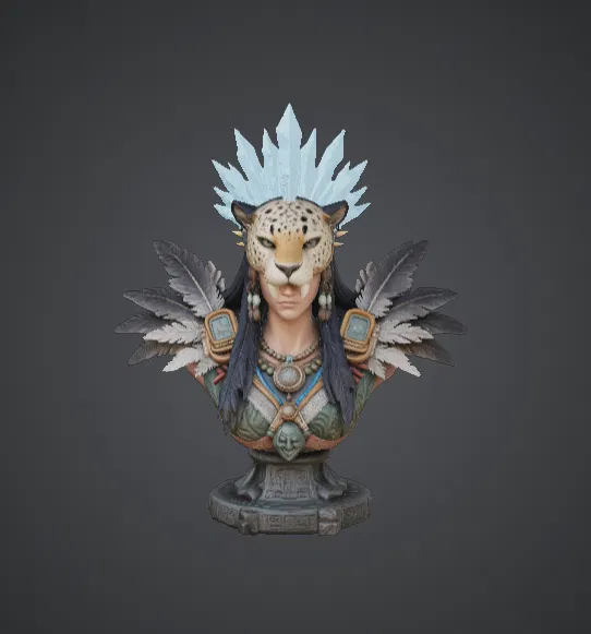 Tượng Bán Thân Nữ Tư Tế Báo Đốm – Pháp Sư Bộ Lạc Huyền Bí Với Mũ Lông Vũ - Image 1