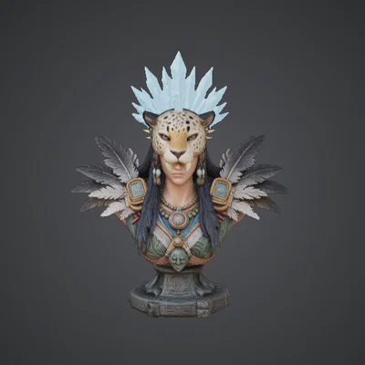 Tượng Bán Thân Nữ Tư Tế Báo Đốm – Pháp Sư Bộ Lạc Huyền Bí Với Mũ Lông Vũ