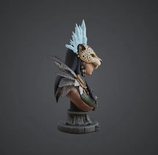 Tượng Bán Thân Nữ Tư Tế Báo Đốm – Pháp Sư Bộ Lạc Huyền Bí Với Mũ Lông Vũ - Image 2