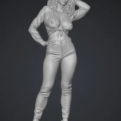 Mô hình 3D nhân vật nữ mặc áo crop top và quần da sành điệu