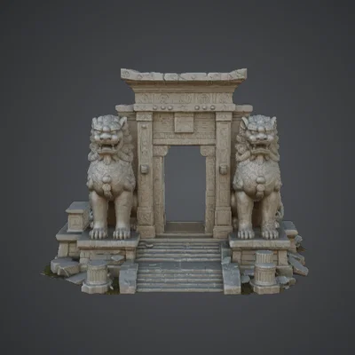 Mô hình Cổng Đền Cổ với Sư Tử Đá
