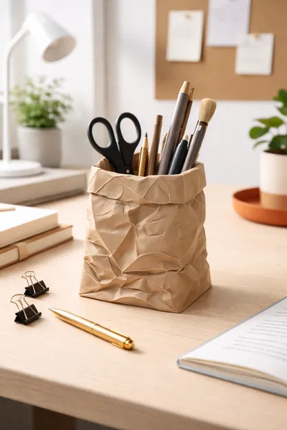 Ống Cắm Bút Túi Giấy Vò Nhăn | Đồ Trang Trí Bàn Làm Việc Hiện Đại - Image 1
