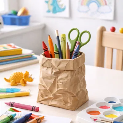 Ống Cắm Bút Túi Giấy Vò Nhăn | Đồ Trang Trí Bàn Làm Việc Hiện Đại