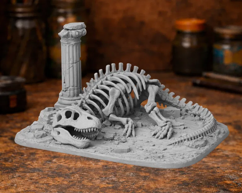 Mô hình tiểu cảnh bộ xương khủng long hóa thạch trên tàn tích cổ đại - Image 1