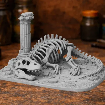 Mô hình tiểu cảnh bộ xương khủng long hóa thạch trên tàn tích cổ đại