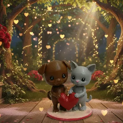 Cặp đôi Chó và Mèo đáng yêu - Tượng trái tim Valentine