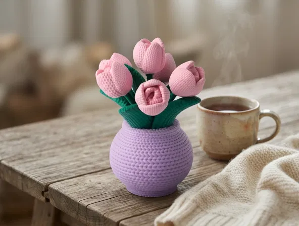 Hoa Tulip Đan Len trong Bình Văn Nổi - Image 1