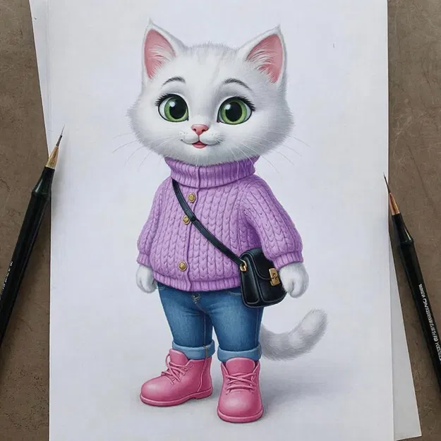 Mô hình mèo trắng thời trang in 3D (White cat figure) - Image 2