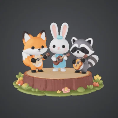 Bộ sưu tập nhạc công động vật đáng yêu – Bộ ba Guitar Cáo, Thỏ & Gấu mèo