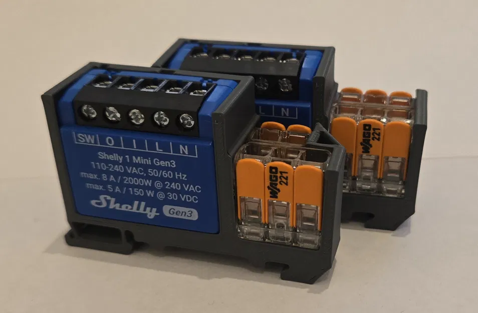 Ngàm gắn DIN rail cho Shelly Mini (Gen3/1PM/Plus PM) kèm kẹp Wago 221 - Image 1