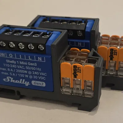 Ngàm gắn DIN rail cho Shelly Mini (Gen3/1PM/Plus PM) kèm kẹp Wago 221