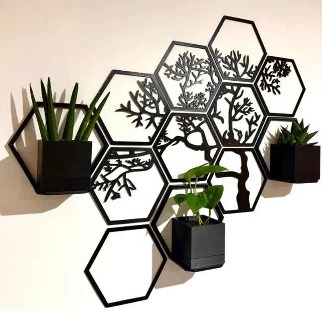 Tranh treo tường lục giác hình cây kèm chậu và kệ - Image 1