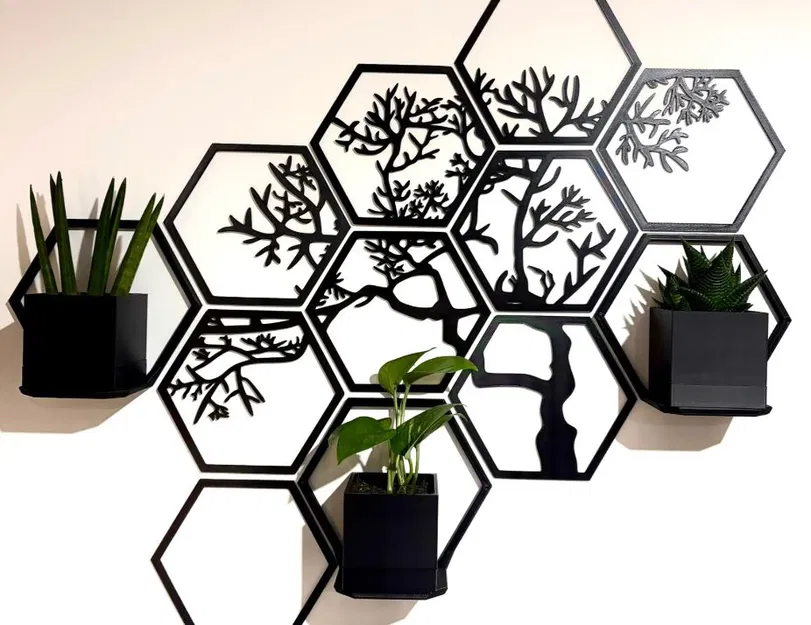 Tranh treo tường lục giác hình cây kèm chậu và kệ - Image 2