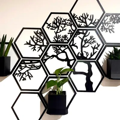 Tranh treo tường lục giác hình cây kèm chậu và kệ