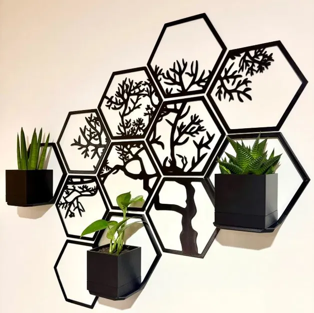 Tranh treo tường lục giác hình cây kèm chậu và kệ - Image 3