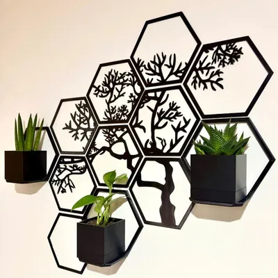 Tranh treo tường lục giác hình cây kèm chậu và kệ