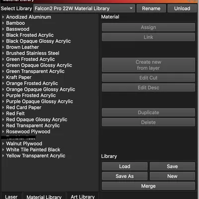 Thư viện vật liệu Lightburn cho Falcon2 Pro 22W