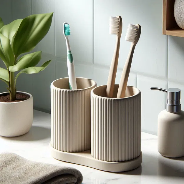 Bộ cốc đựng bàn chải đánh răng vân sọc (Ribbed Double Toothbrush Holder) - Image 1