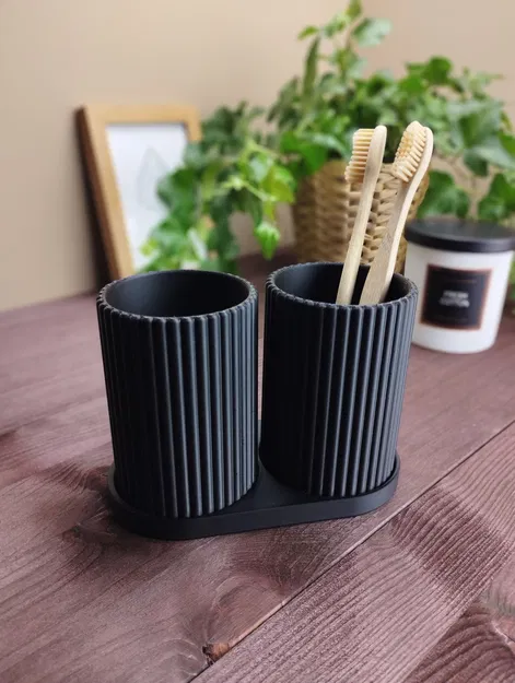 Bộ cốc đựng bàn chải đánh răng vân sọc (Ribbed Double Toothbrush Holder) - Image 2