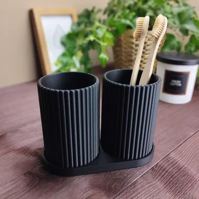 Bộ cốc đựng bàn chải đánh răng vân sọc (Ribbed Double Toothbrush Holder)