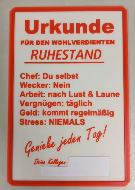 Bảng vinh danh nghỉ hưu (Urkunde Ruhestand) in 3D cực độc đáo - Image 1