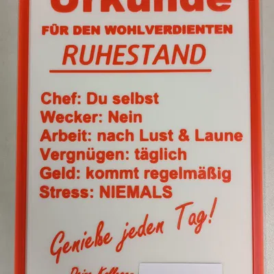 Bảng vinh danh nghỉ hưu (Urkunde Ruhestand) in 3D cực độc đáo