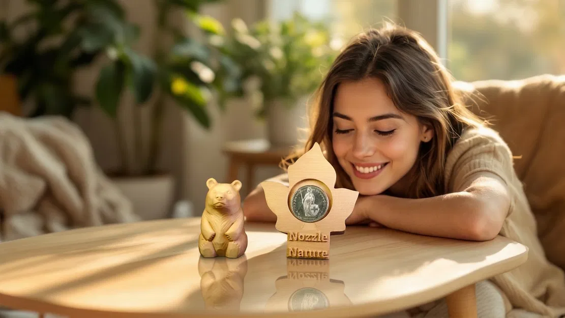 Mô hình chú gấu khắc gỗ và giá trưng bày tiền xu nghệ thuật - Image 1