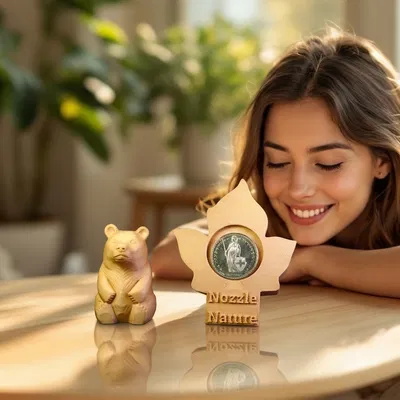 Mô hình chú gấu khắc gỗ và giá trưng bày tiền xu nghệ thuật