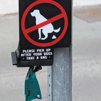 Bảng cảnh báo "Không cho chó đi vệ sinh" kèm hộp đựng túi hốt phân