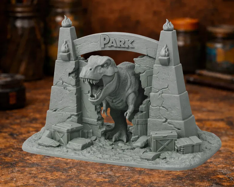 Mô hình Diorama khủng long T-Rex phá cổng công viên độc đáo - Image 1