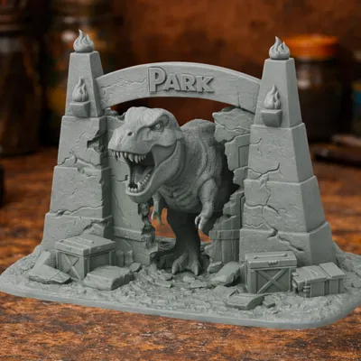 Mô hình Diorama khủng long T-Rex phá cổng công viên độc đáo